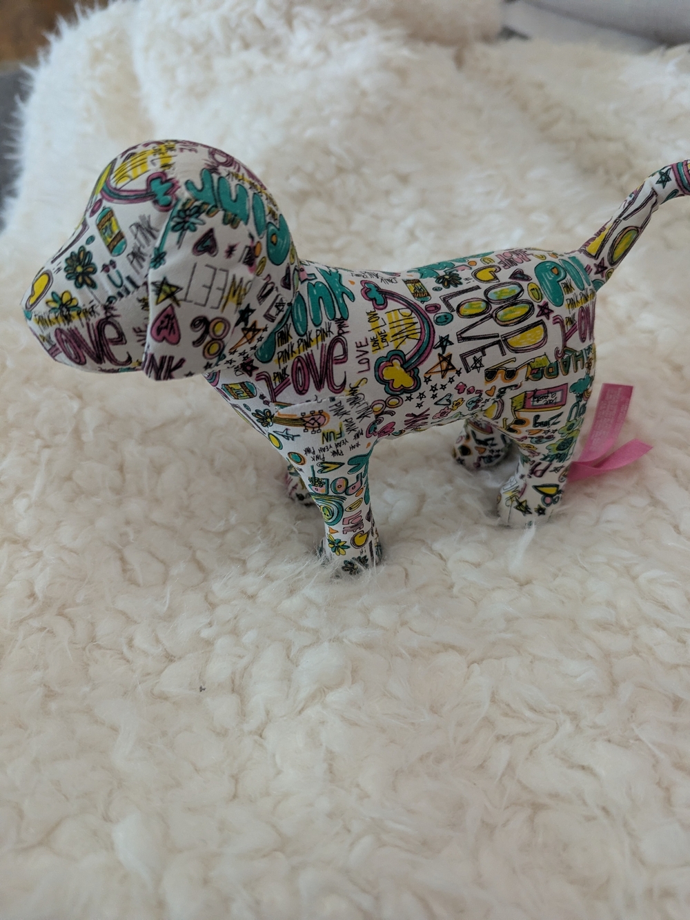 PINK Victoria's Secret White Plush Dog Figurine with Multicolor Doodle Print